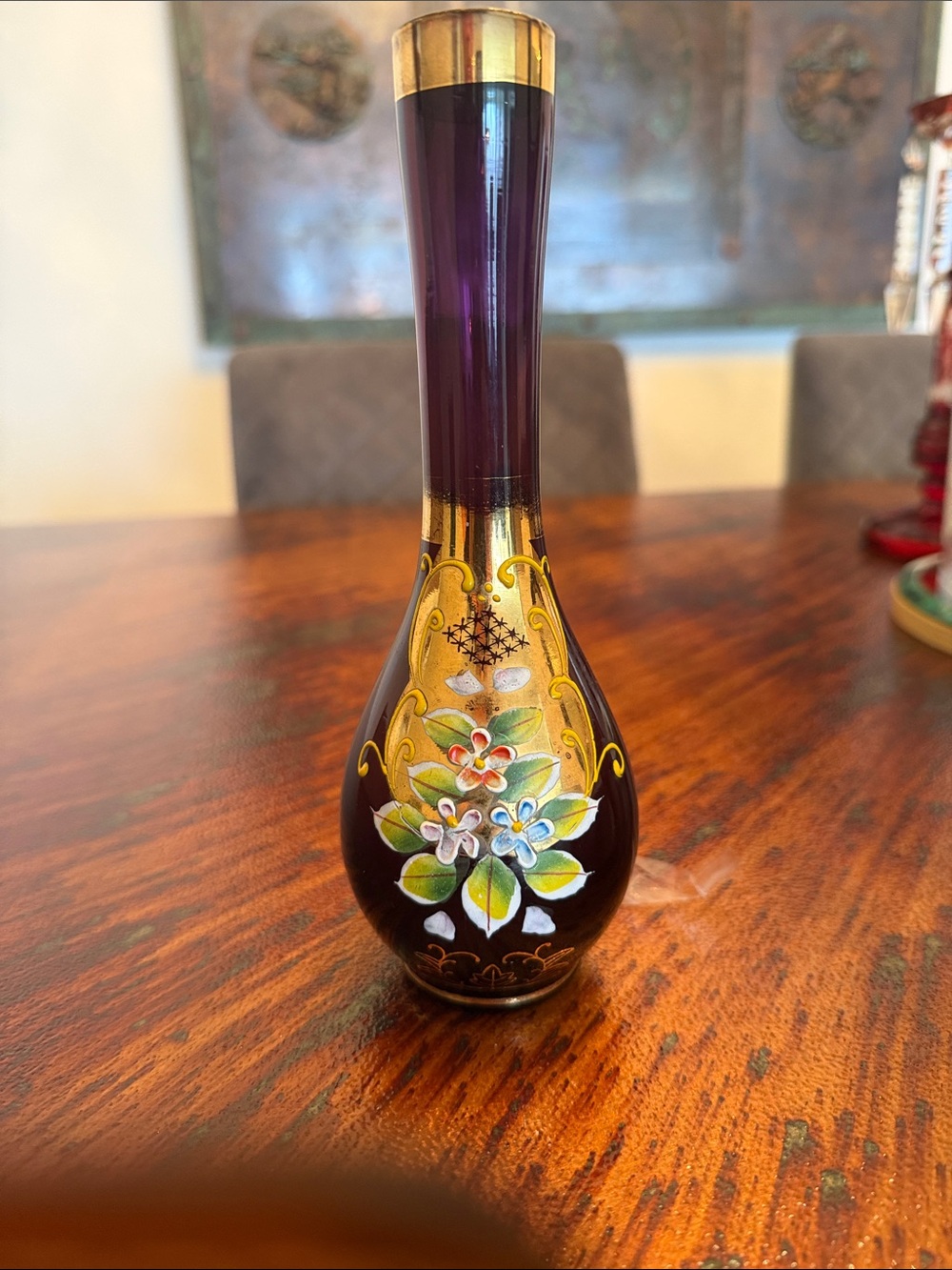 Hand-Painted Purple Floral Glass Vase - Unbranded